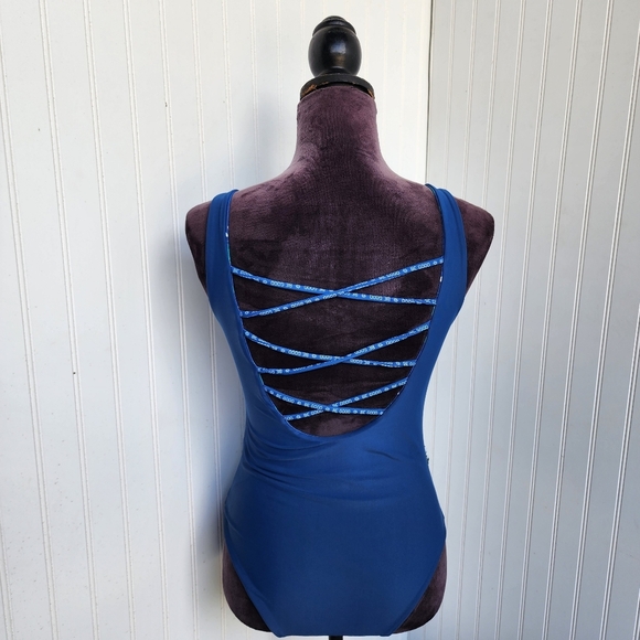 NWOT One Piece Swimsuit Navy Floral Scoop Neck Strappy Straps Lined Cups M - Picture 9 of 14